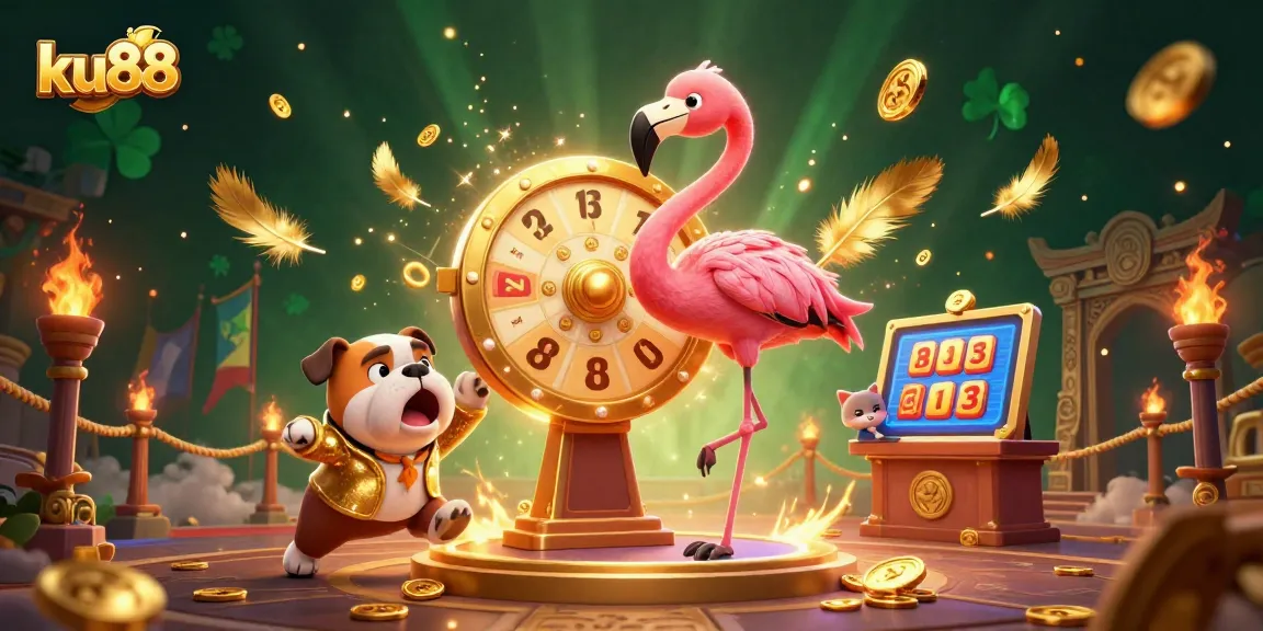 ku88 celebrates win with a lively game show scene featuring a flamingo host and bulldog contestant.