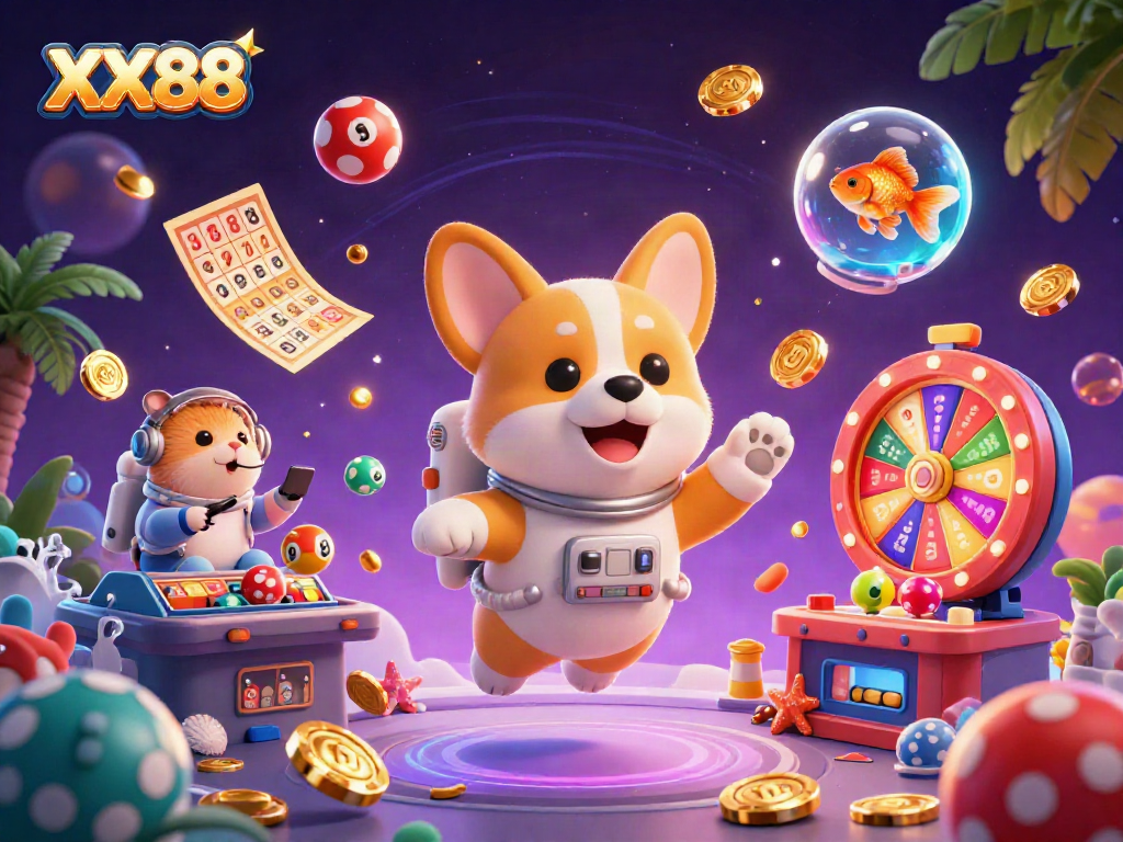 Join the fun at XX88 Casino as the cartoon astronaut corgi plays in a vibrant, dynamic space casino setting!