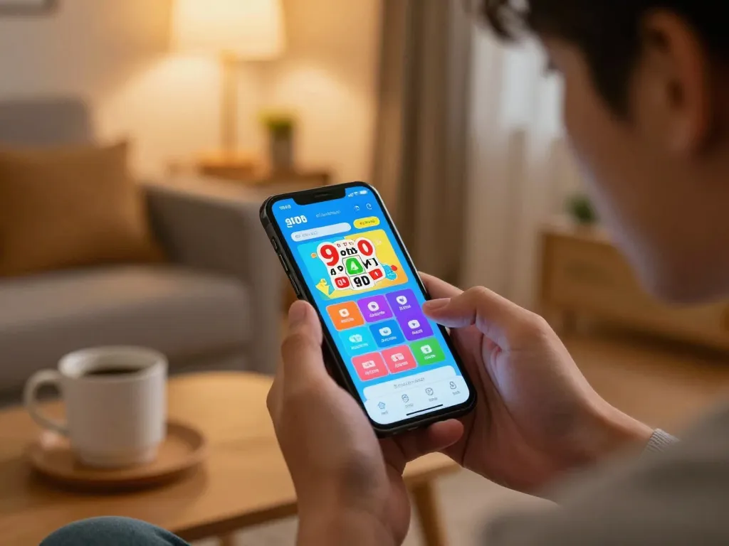 Engaged player checking 9 Lotto 4D results on a smartphone in a cozy home setting
