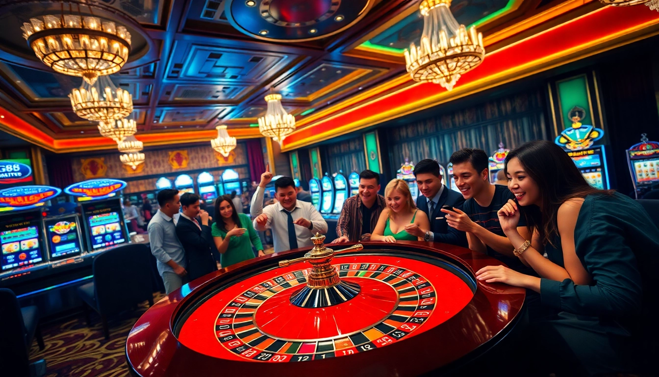 GG88 players engaged at an exciting roulette table in a vibrant casino setting.