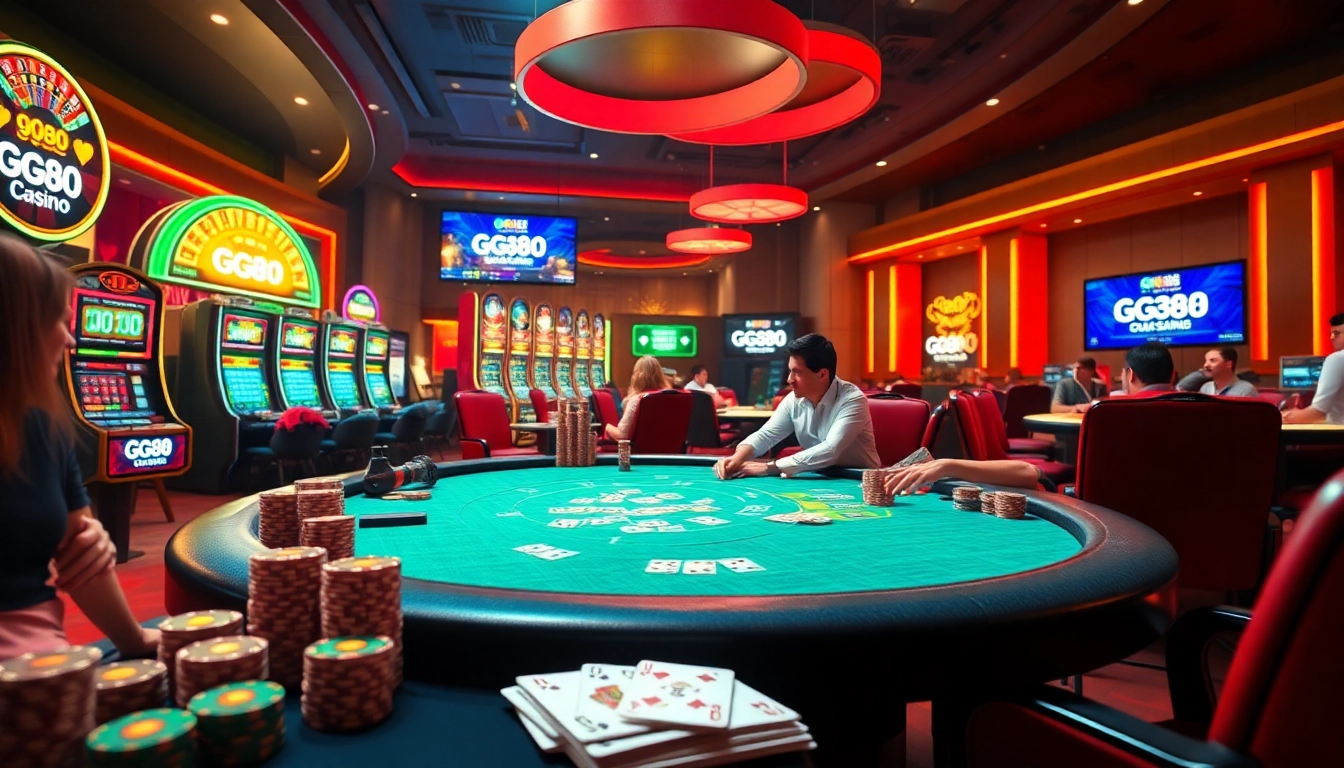 GG88 players excitedly engaging in poker at a luxurious online casino table with vibrant lighting.