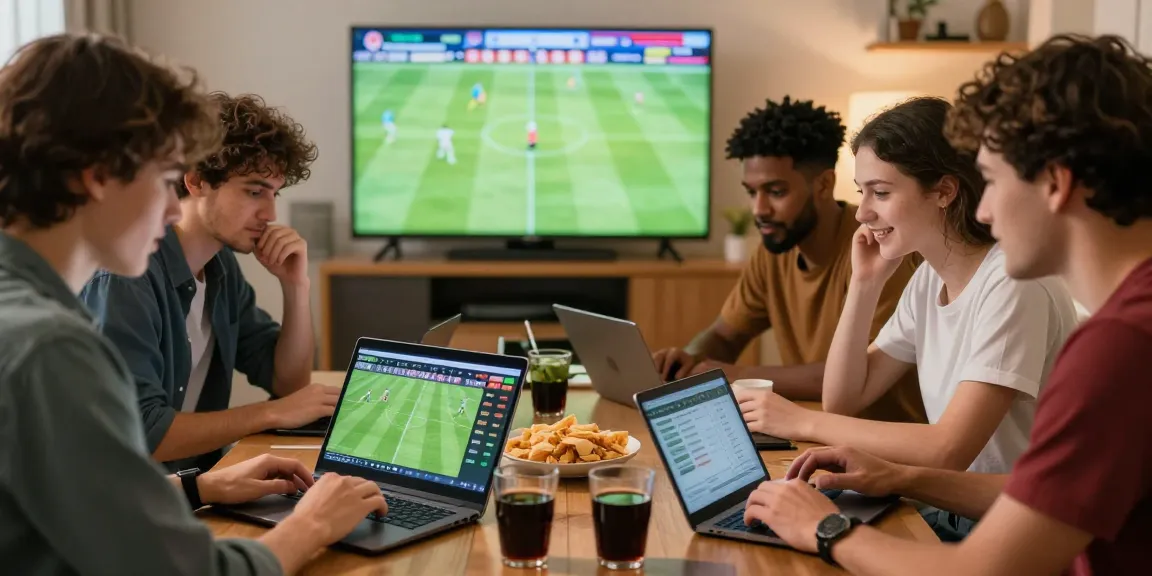 Soi kèo analysis session among friends with snacks and live match stats, capturing the excitement of soccer betting.
