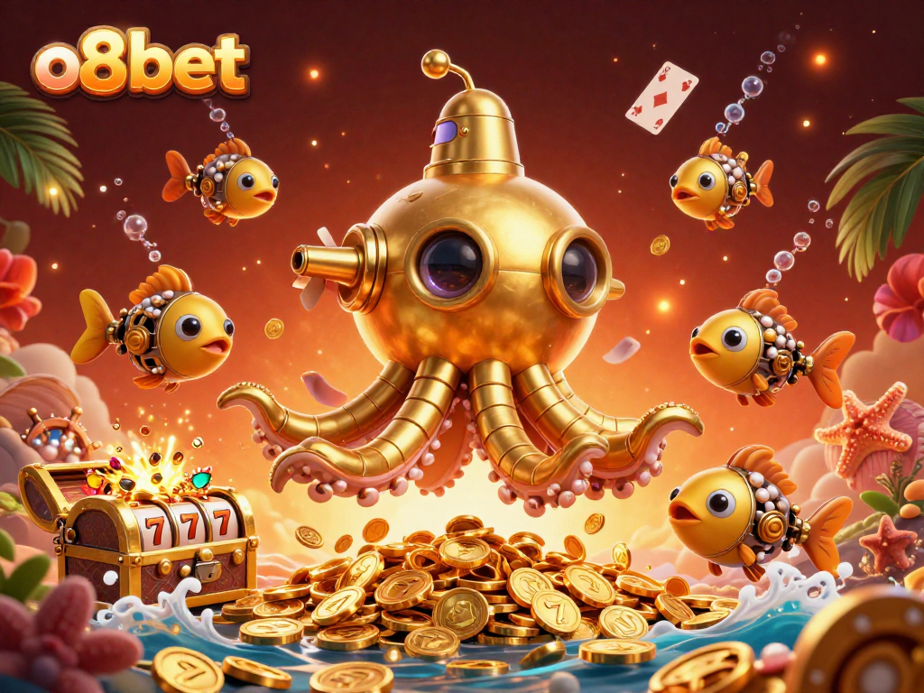 Experience thrills at o8bet with a vibrant 3D kraken submarine amidst rich casino elements.