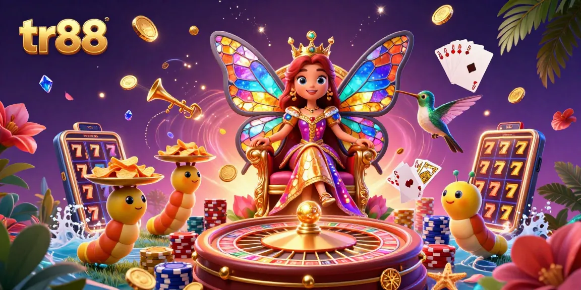 Experience the thrill of tr88 casino with a vibrant 3D scene featuring a butterfly queen, golden tokens, and slot machines.