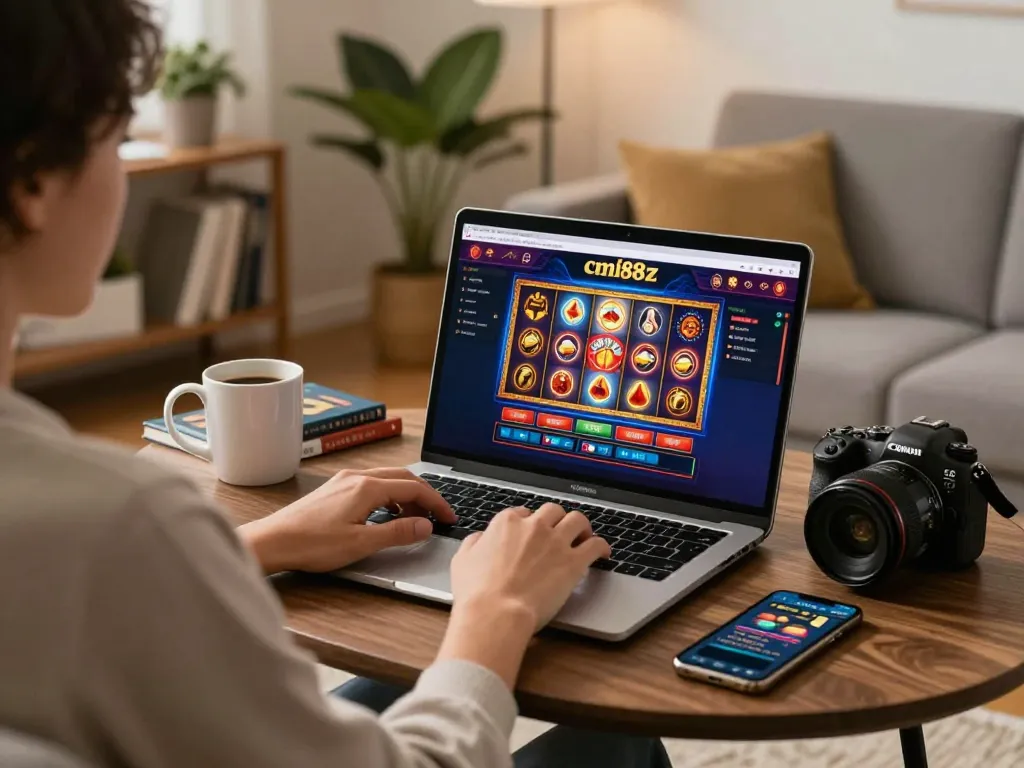 Engaged player using cm88z laptop interface for online gambling in cozy living room