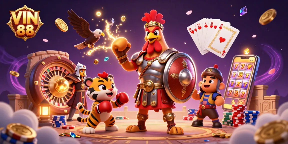 Bet big and win at VIN 88 with roaring excitement in this animated casino battle scene.