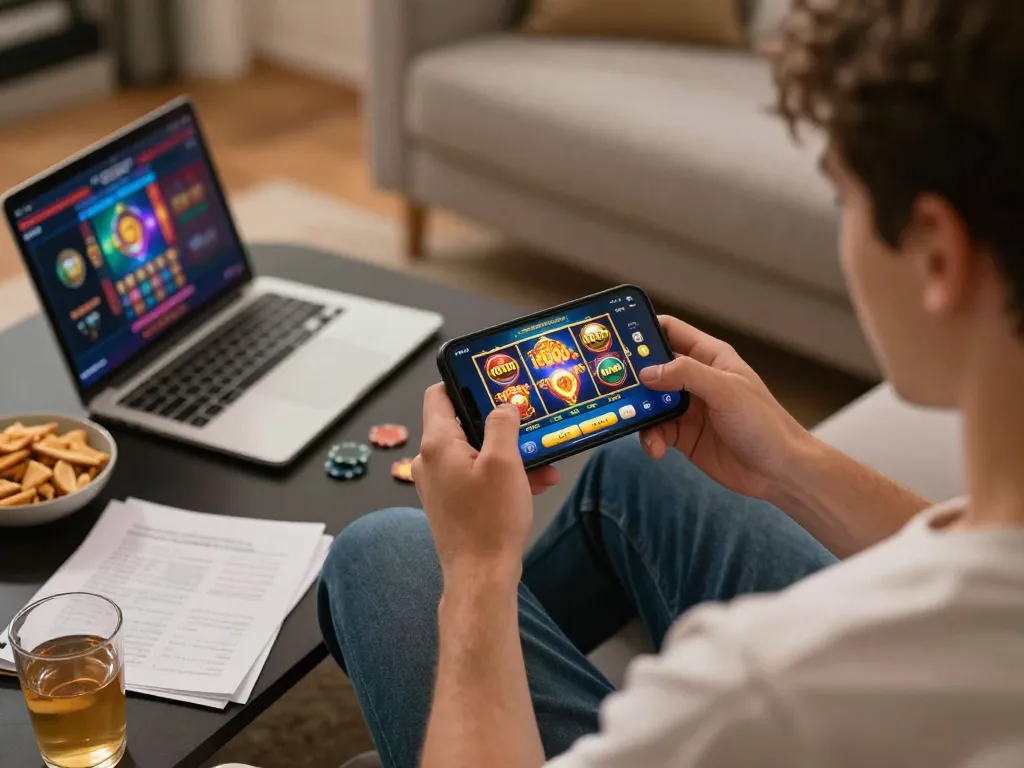 Person enjoying casino gaming with slot depo 10000 on mobile app, cozy home setting, exciting atmosphere.