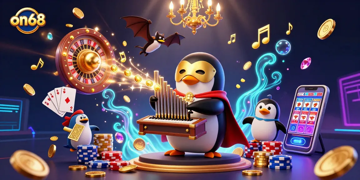 Experience on68 with a vibrant 3D casino scene featuring a penguin organist and gold coins.