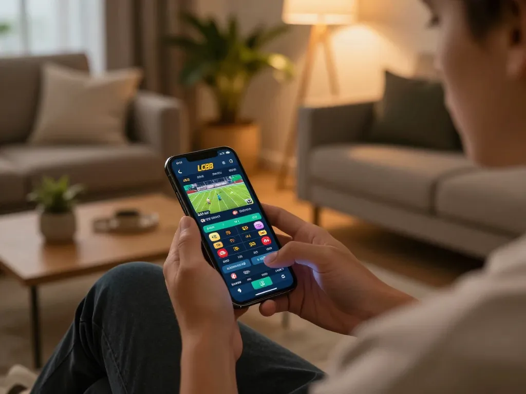 Engaged in sports betting via smartphone, showcasing lc88 trang chủ and a cozy gaming atmosphere.