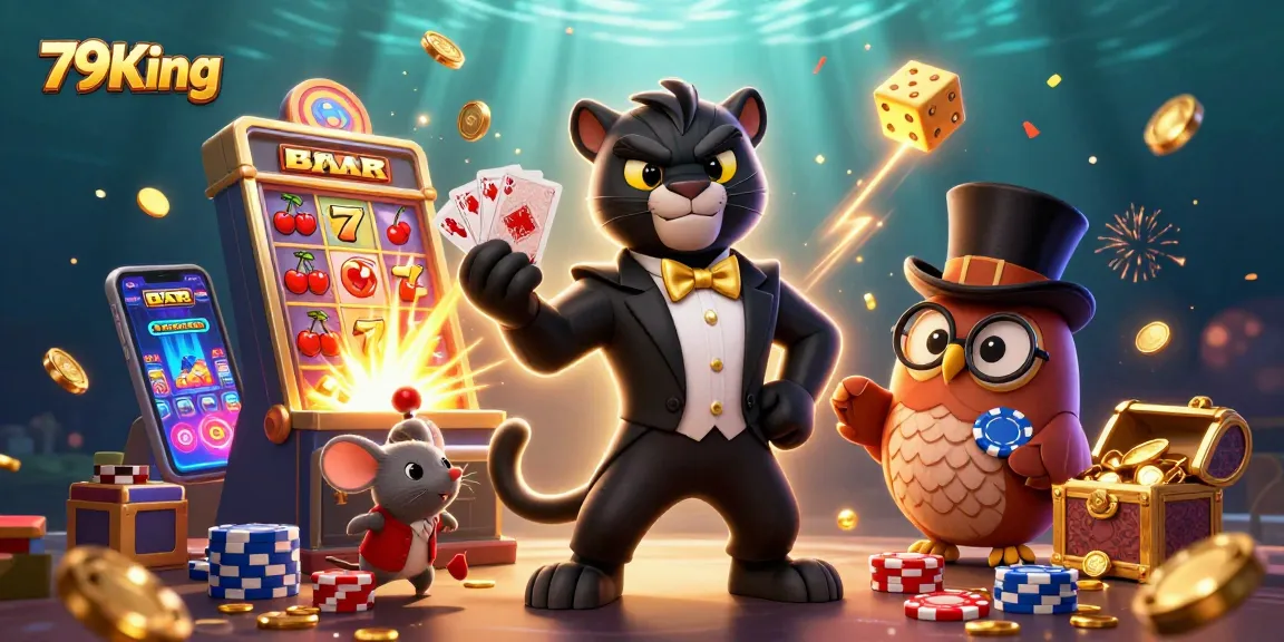 Join the excitement at 79King, where a stylish panther and friends deal cards amid bursting jackpots.