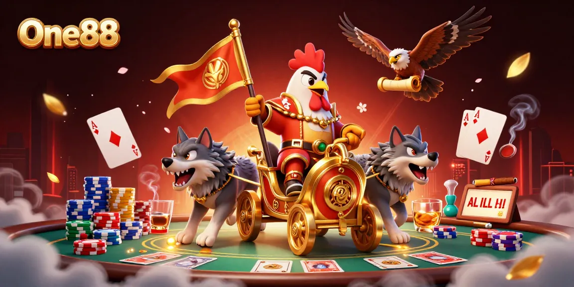 Engage in thrilling play at One88, featuring a rooster warlord in a dynamic 3D casino illustration.