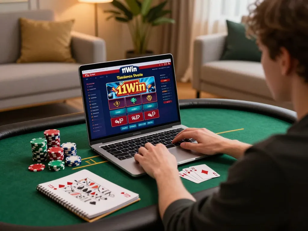 Experience the thrill of online gambling with 11Win, featuring a user engaged in strategic gameplay at home.