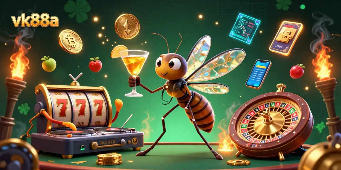 Win big with vk88a, featuring a playful casino mascot and a trilobite DJ in an animated gambling scene.