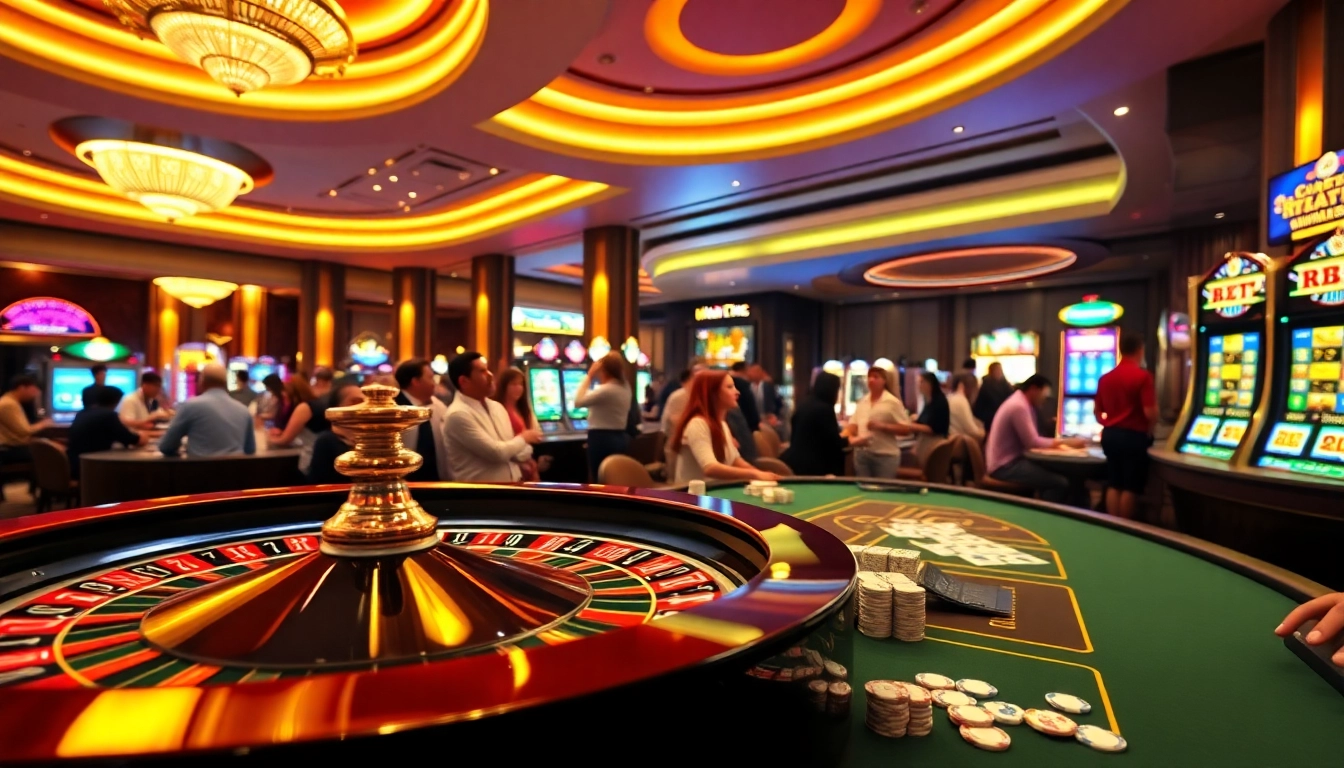 Exciting casino scene highlighting 11BET with luxurious tables, vibrant slots, and engaging gamblers.
