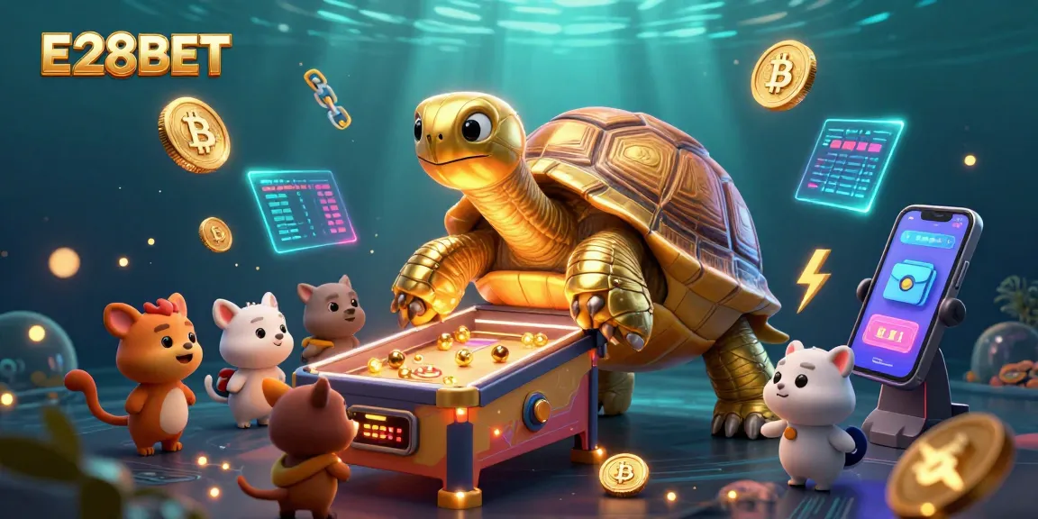 E28BET's dynamic casino scene with tortoise pinball and crypto coins inviting players to join the fun