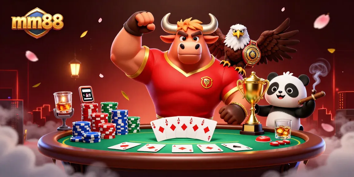 Engage in thrilling poker action with mm88 featuring a cheerful panda, bull mascot, and eagle.