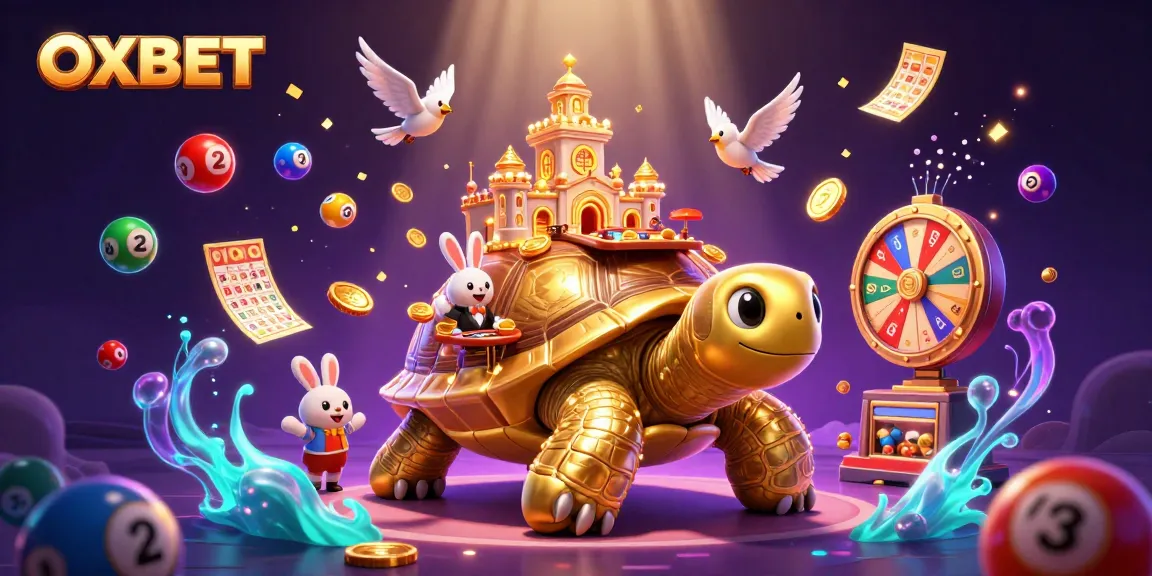 Experience OXBET's vibrant gaming scene with a golden tortoise casino and dynamic lottery elements.