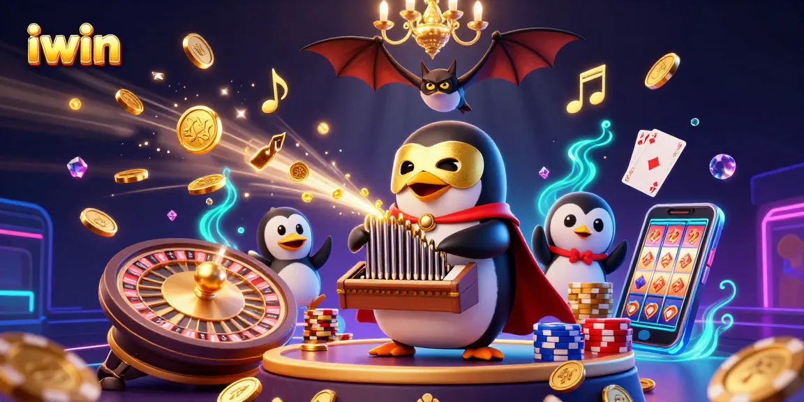 Experience thrilling casino action at iwin, featuring golden coins and a glamorous 3D penguin organist.
