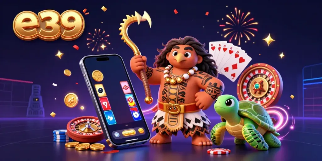 Experience excitement with e39's vibrant 3D casino scene featuring a demigod and turtle amidst slot games and confetti.