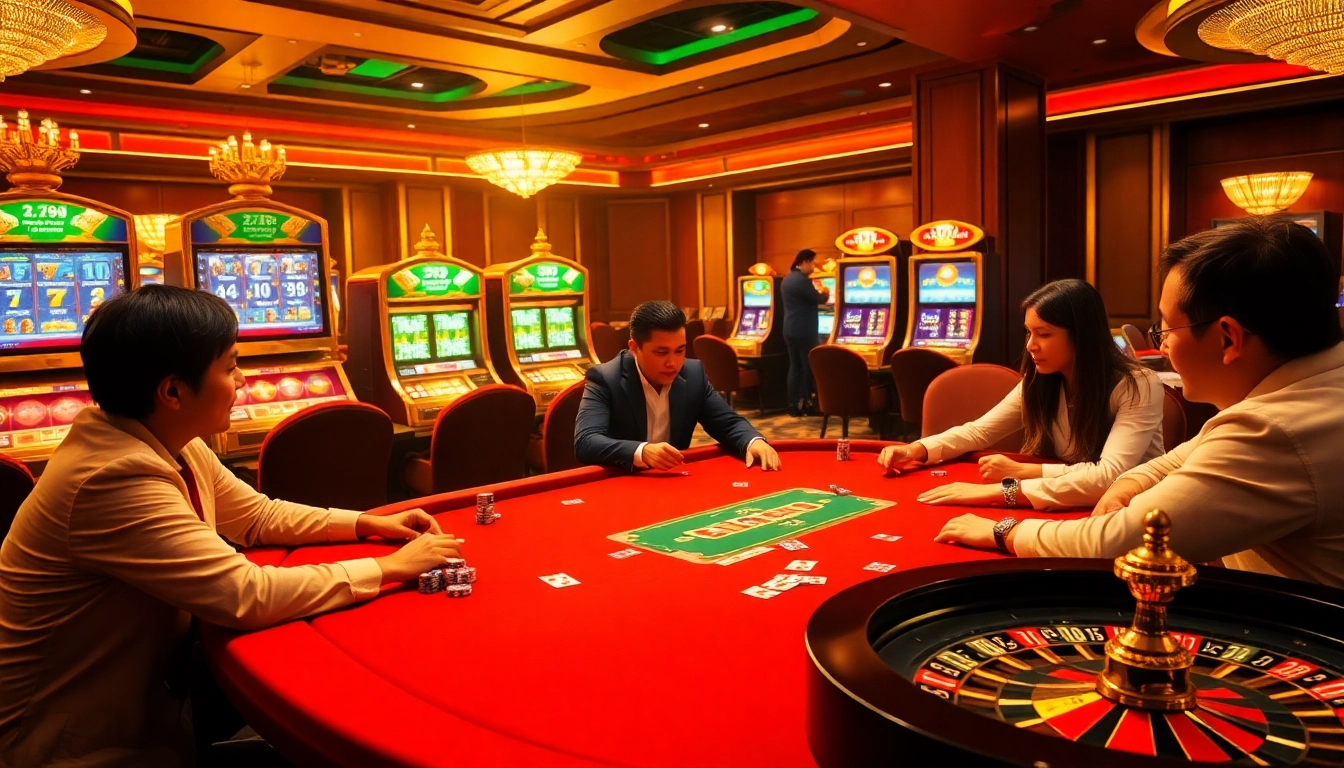 Players enjoying poker at a luxurious 789win casino table with colorful chips and cards.