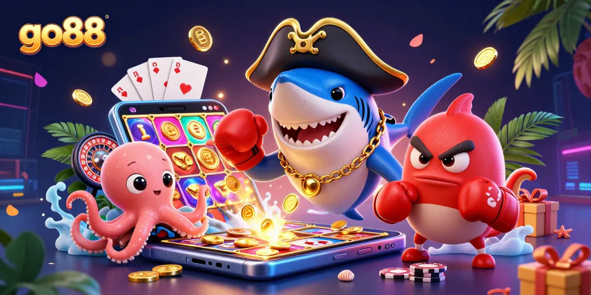 Join the go88 adventure with a dynamic pirate shark, boxing pufferfish, and octopus treasure as they spin the slot reels.
