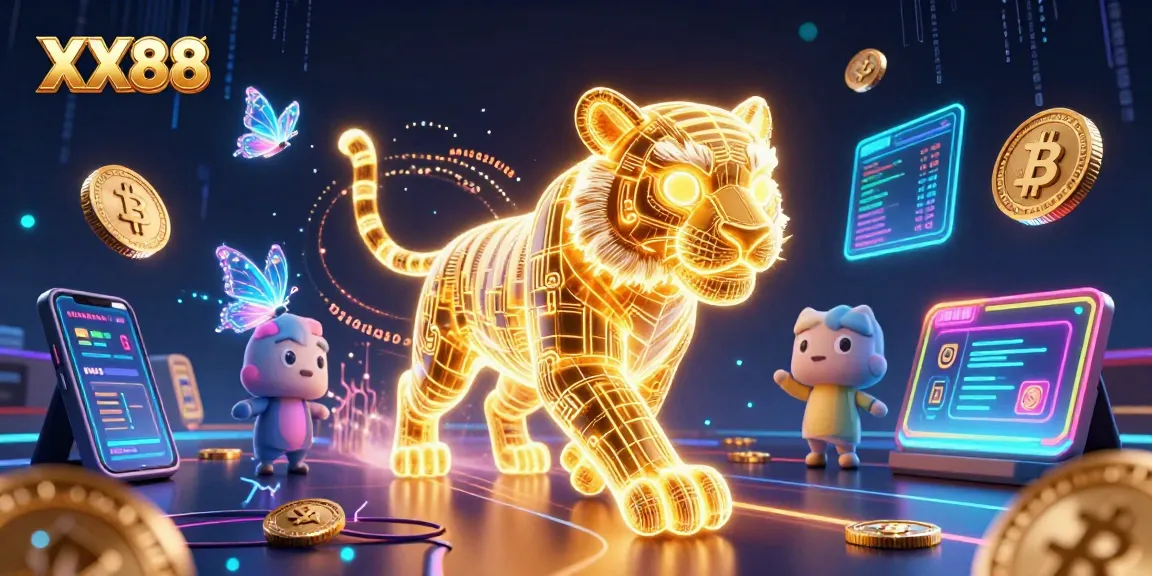 Spin the reels with XX88's vibrant gaming dynamic illustrated by a neon golden tiger.