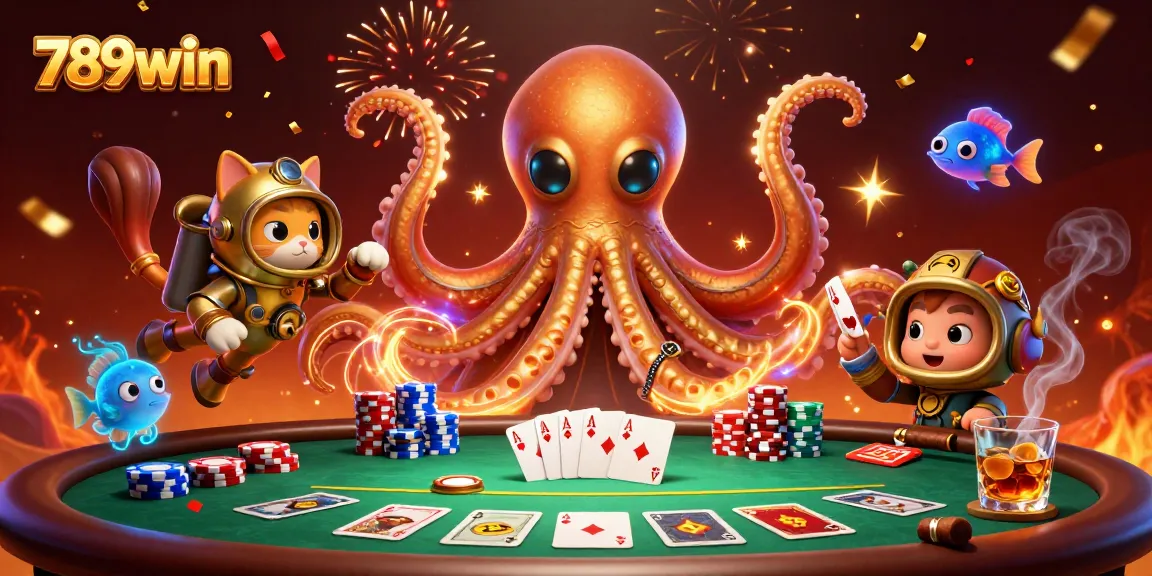 Engage in thrilling gameplay with 789win's colossal kraken and vintage diving cat illustration.