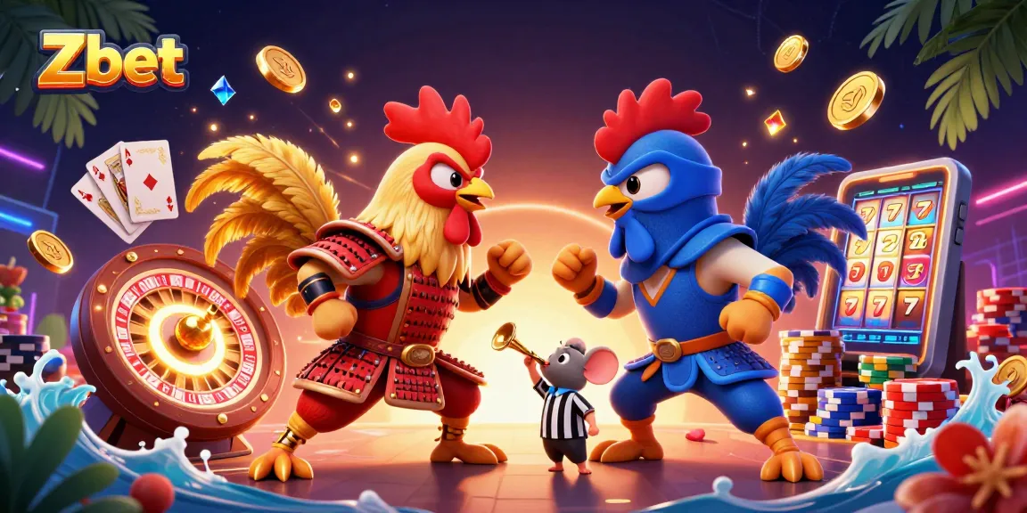 Zbet features twin roosters in a dramatic standoff amidst vibrant casino elements, showcasing excitement.