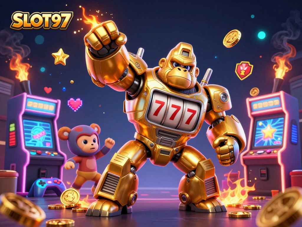 SLOT97 showcases a vibrant golden gorilla mech with slot machine parts, surrounded by colorful gaming elements.
