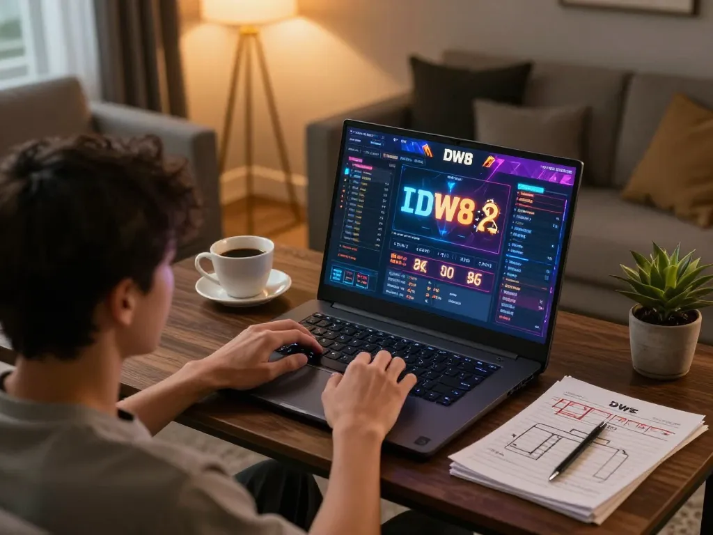 Player engaged in DW8 online gaming on laptop, showcasing strategic gameplay in a cozy setting.