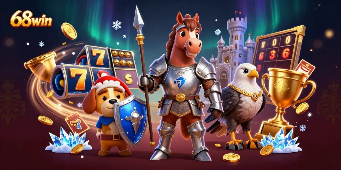 Experience 68win's captivating slots with a vibrant 3D illustration showcasing a medieval knight and fun gaming elements.