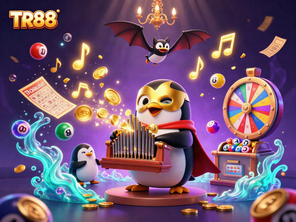 Experience the magic of TR88 with a 3D illustration of games, golden coins, and cheerful characters.