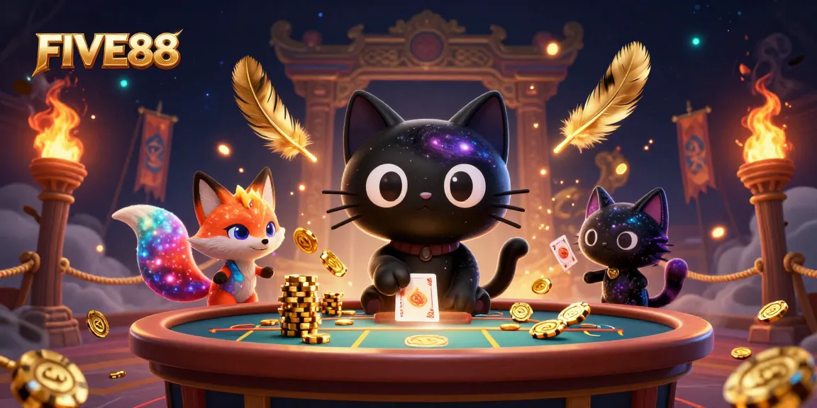 Experience the thrilling cosmos of FIVE88 as the captivating cat draws in golden chips amidst vivid gaming elements.