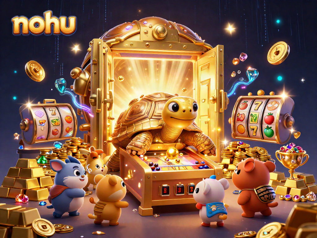 Nohus golden tortoise game illustration capturing the excitement of casino players around slot machines.