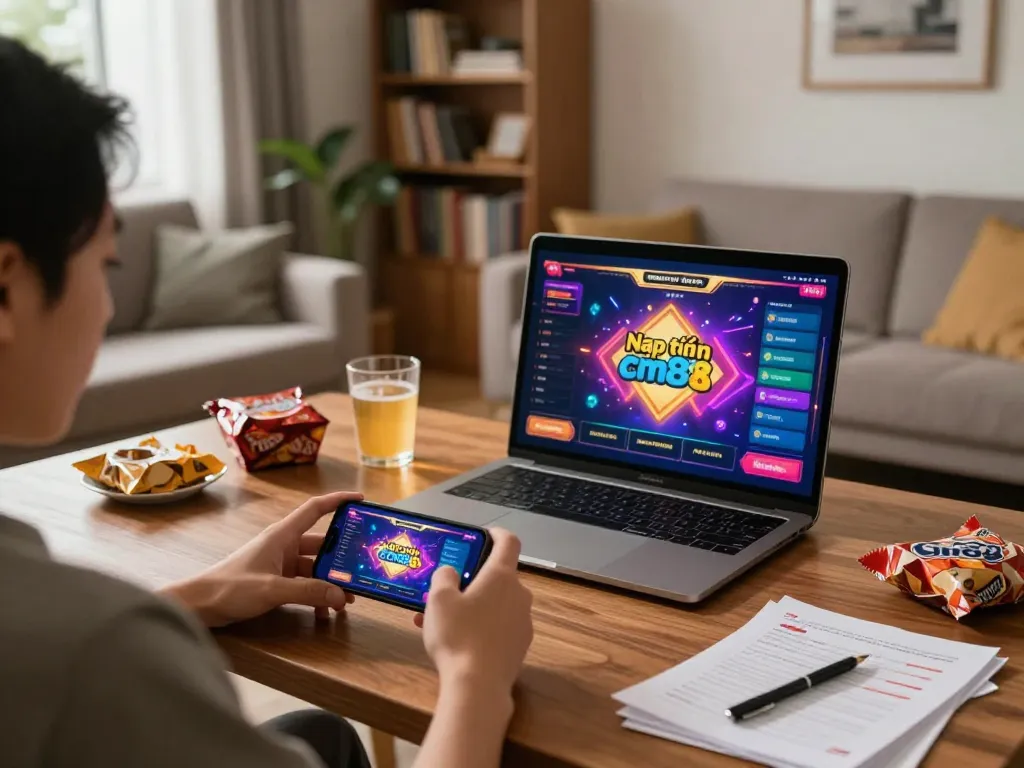 Nạp tiền cm88 easily from home using a smartphone in a cozy gaming setup.
