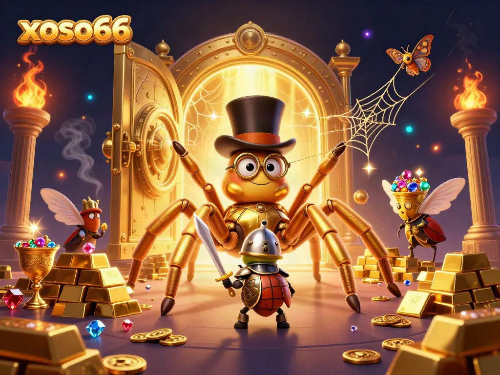 Xoso66 showcases an adventurous scene with vibrant characters amidst a fantasy casino background filled with treasures and excitement.