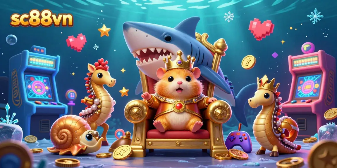 Win big at sc88vn with a fierce golden hamster king amidst vibrant casino elements in a colorful 3D illustration.