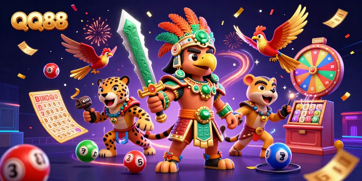 Experience the excitement of QQ88 with dynamic casino elements and vibrant celebration.