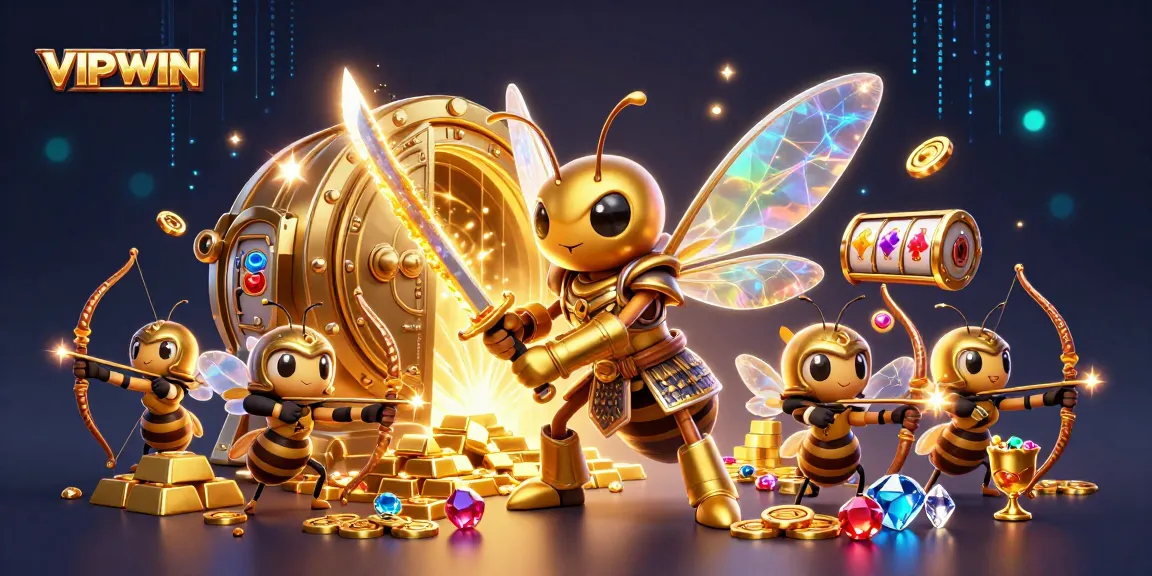 Experience VIPWIN's thrilling gaming atmosphere with a giant golden hornet and bee archers amidst treasures.