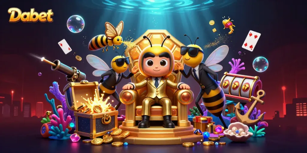 Dabet engages in thrilling casino adventures with vibrant treasures and dynamic characters in an exciting scene.