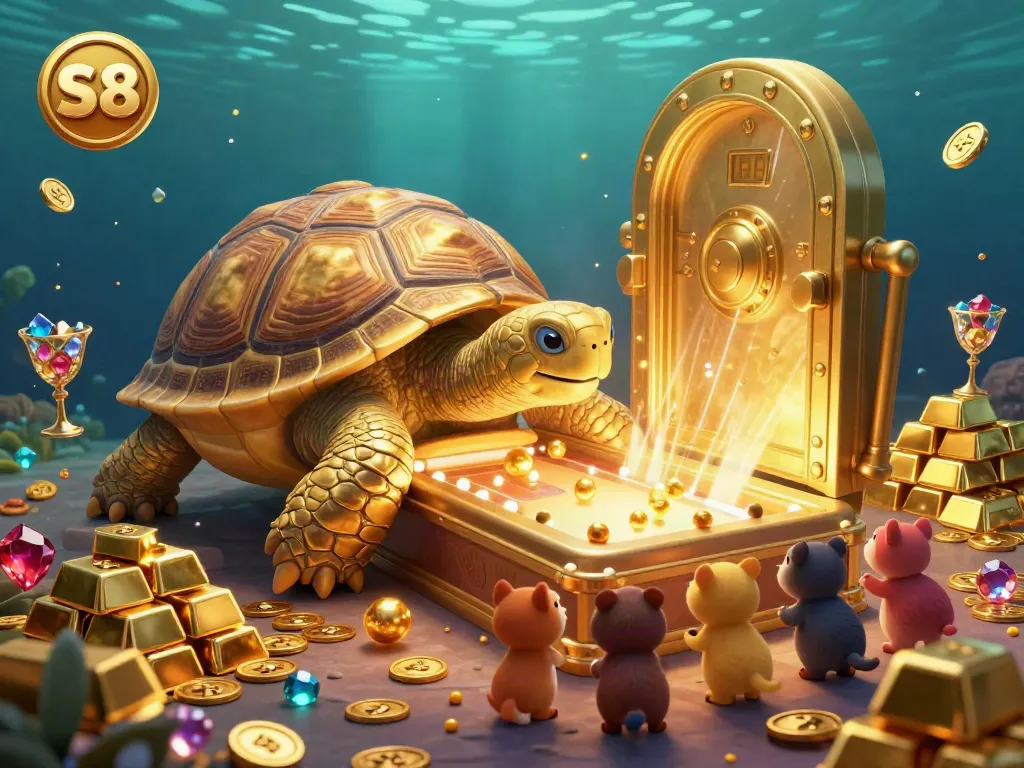 Engage in thrilling games at S8 with vibrant golden treasures and playful 3D characters in an animated casino scene.