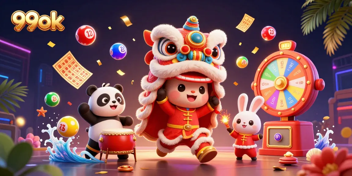 Win big with 99ok in a vibrant 3D illustration featuring casino elements and festive characters.