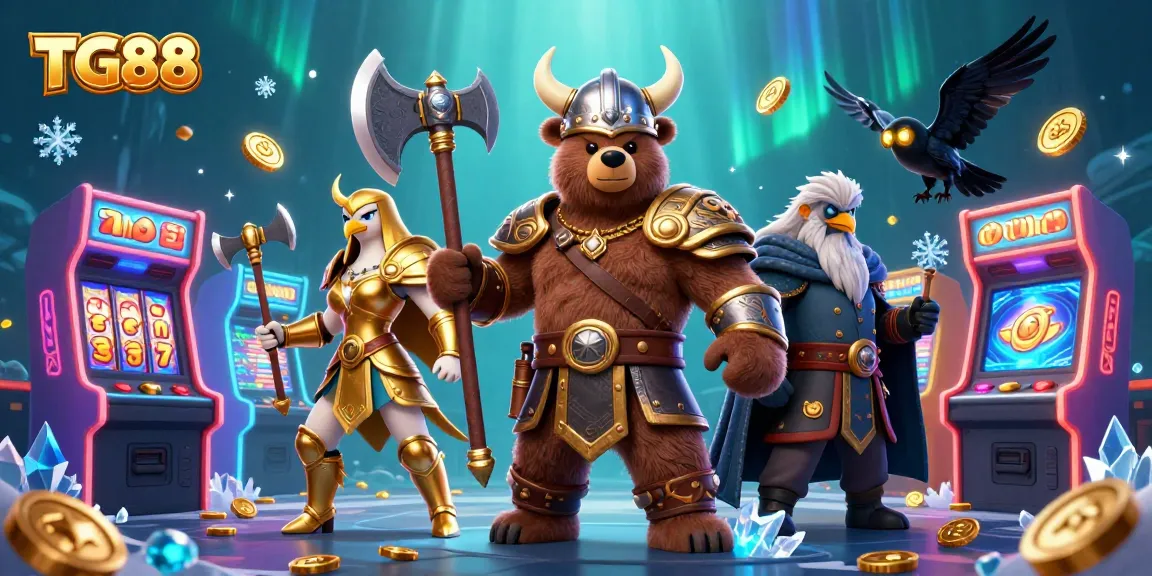 TG88's dynamic Viking bear and Valkyrie eagle amidst vibrant casino game elements.