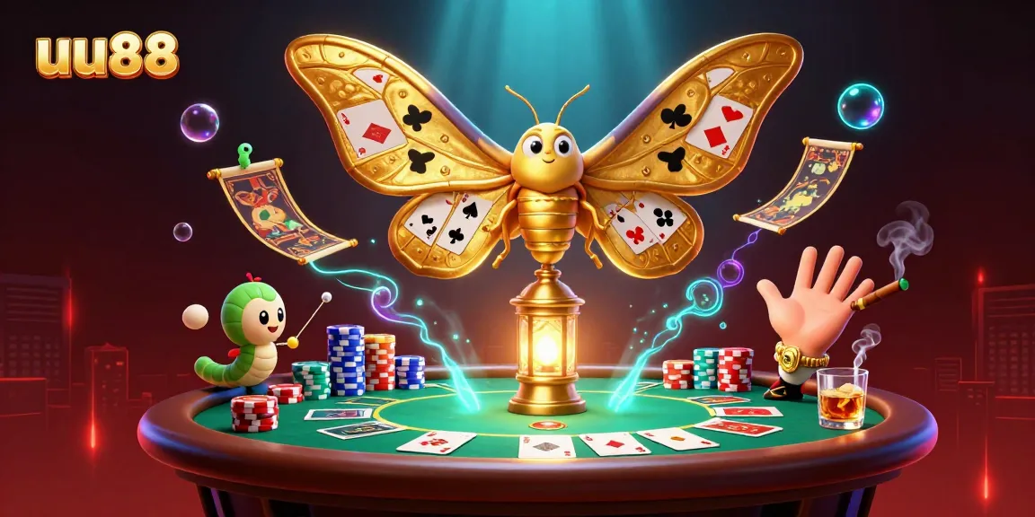 Experience the excitement at uu88 with a stunning casino scene featuring vibrant poker elements and a majestic moth.