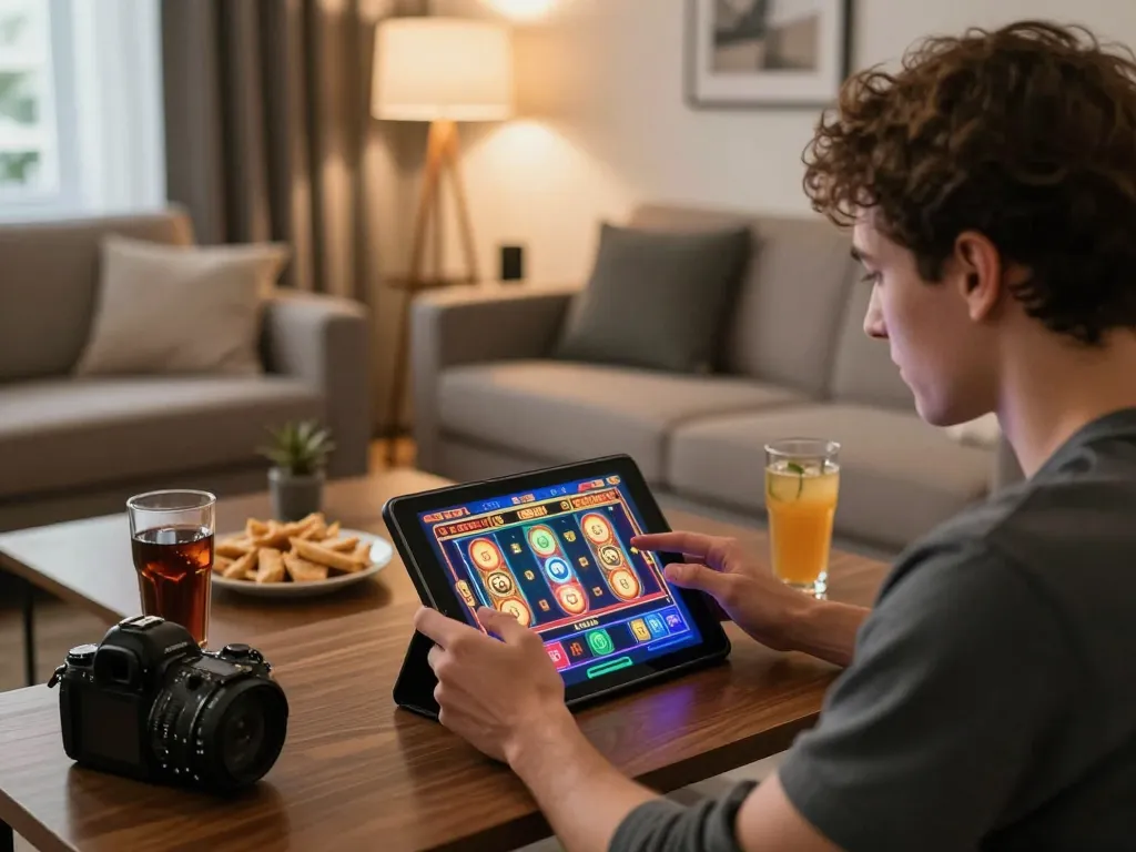 Player enjoying KU88 online casino slots on a tablet in cozy home setting with snacks.