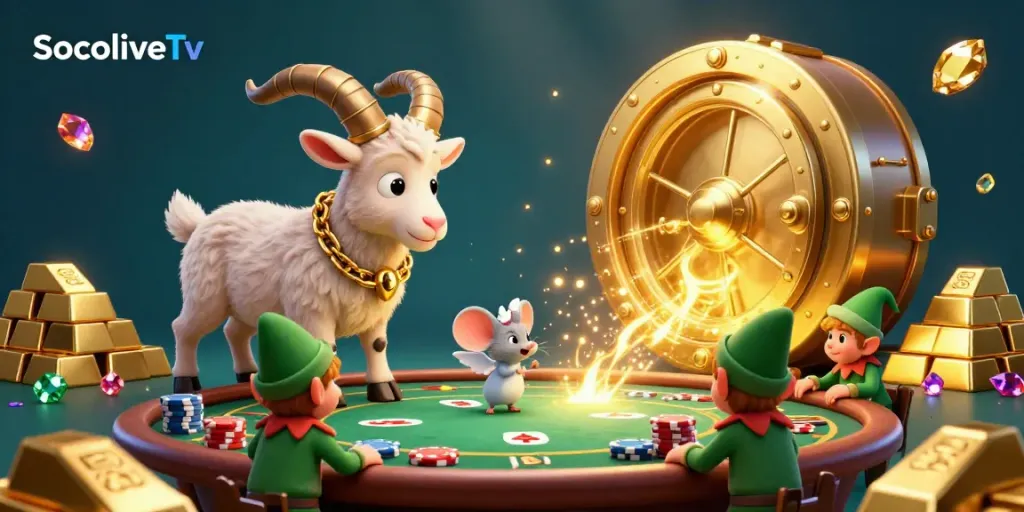 SocoliveTv chaotic sports betting casino with cartoon Krampus and gremlins stealing chips and treasure.