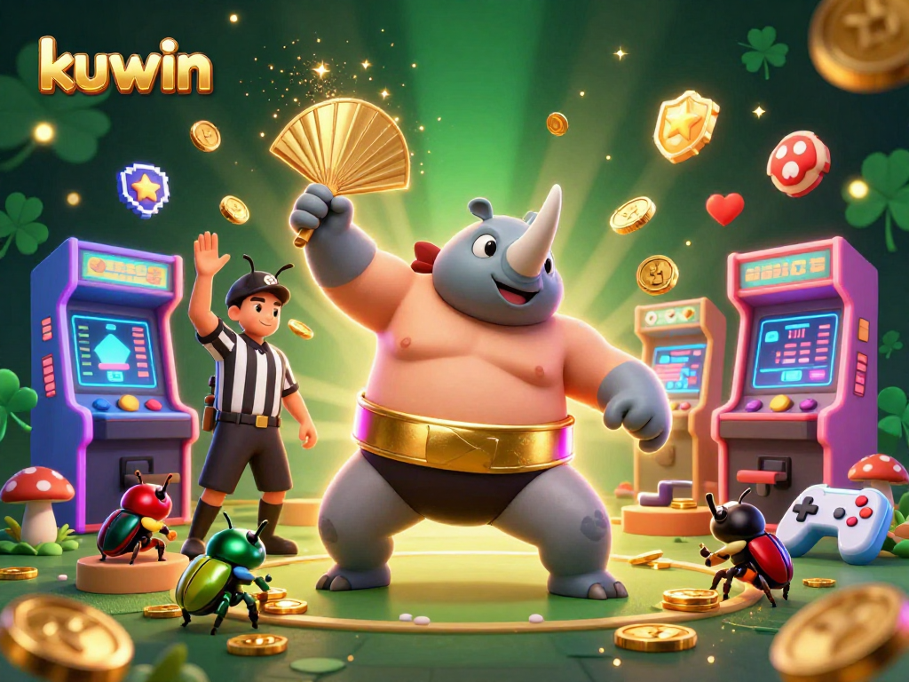 Kuwin showcases thrilling gameplay with sumo champion beetle amidst arcade machines and treasures.