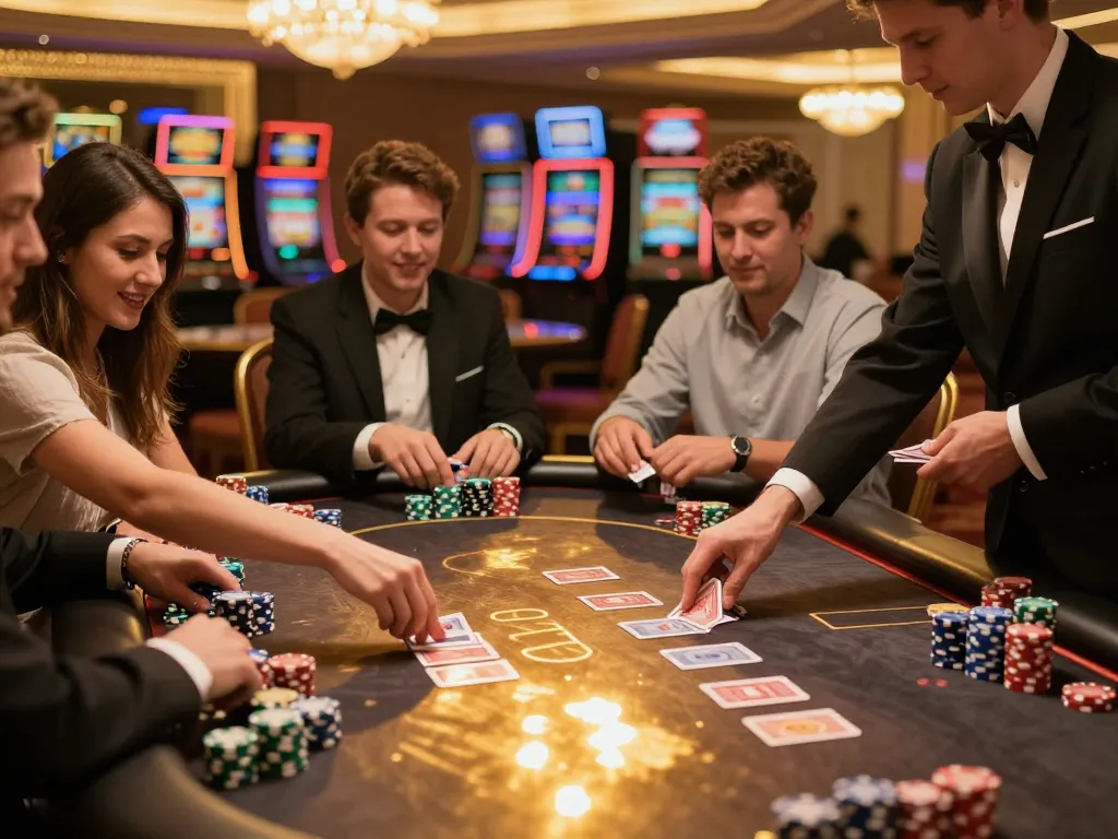 Players enjoying a poker game at a Nhà cái uy tín casino, engaging in gameplay with chips stacked.