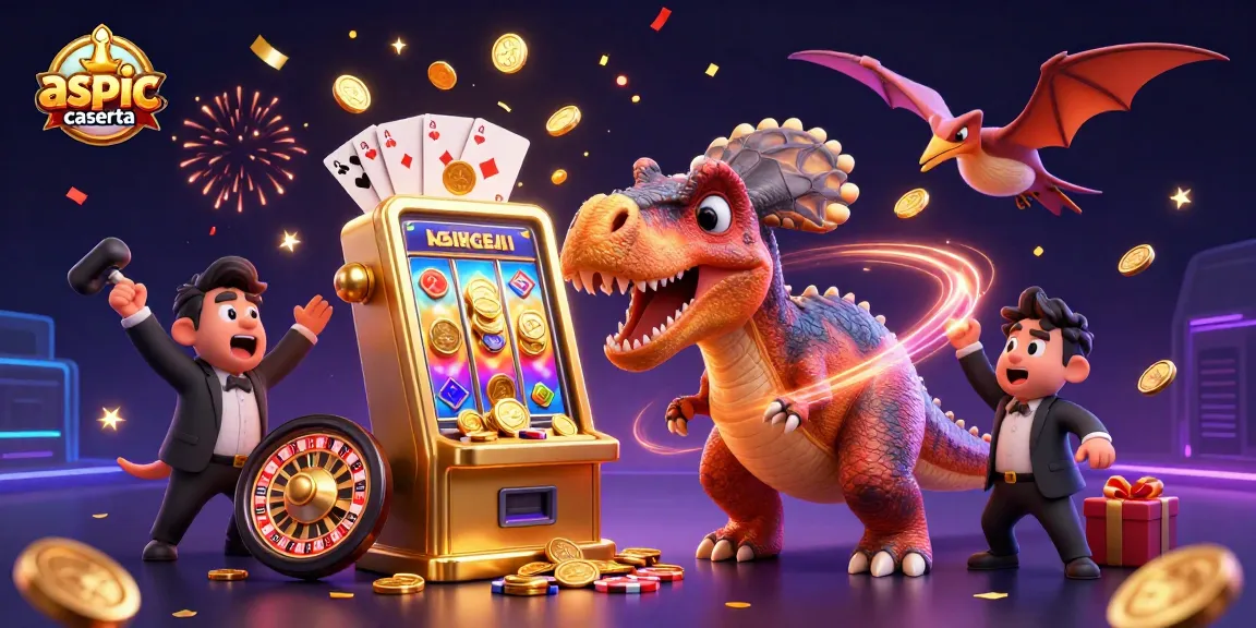 aspic-caserta casino illustration showing a pachycephalosaurus winning jackpot coins from a slot machine