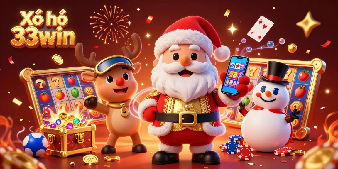 Xổ số 33win celebrates winning lottery moments with festive characters and vibrant casino elements.